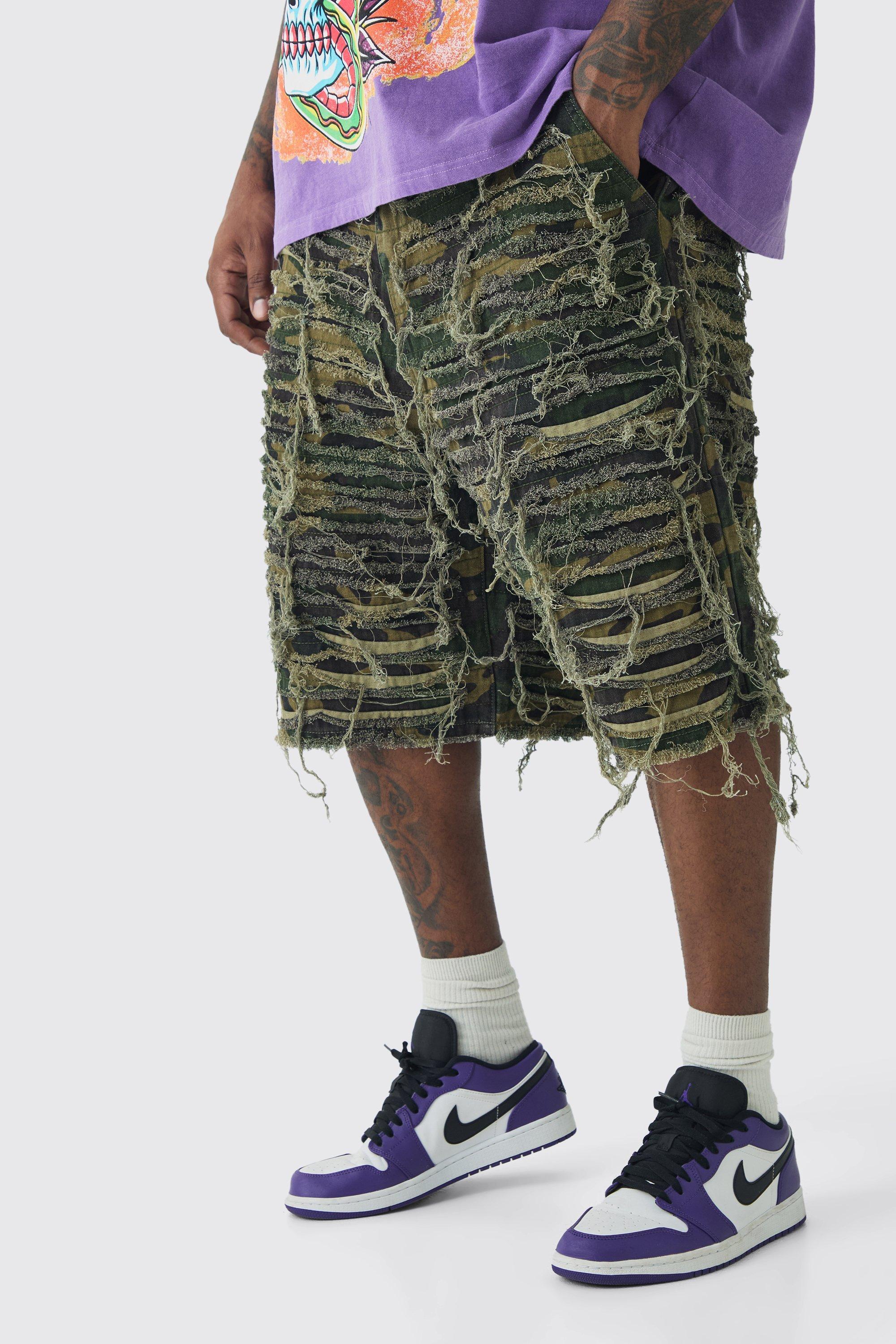 Plus Relaxed Heavily Distressed Camo Jort | boohooMAN USA Product Image