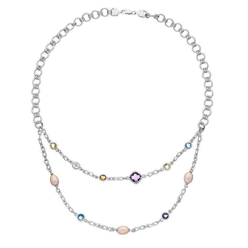 Sterling Silver Gemstone, Freshwater Cultured Pearl & Diamond Accent Double Strand Necklace, Womens Multicolor Product Image