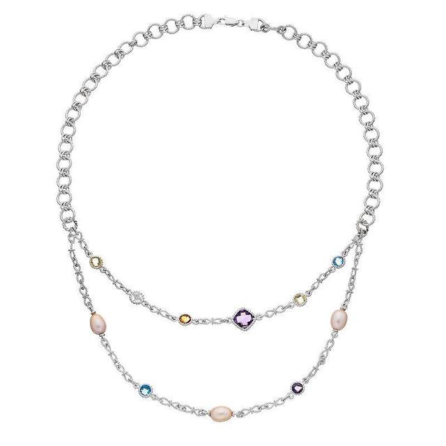 Sterling Silver Gemstone, Freshwater Cultured Pearl & Diamond Accent Double Strand Necklace, Womens Multicolor Product Image