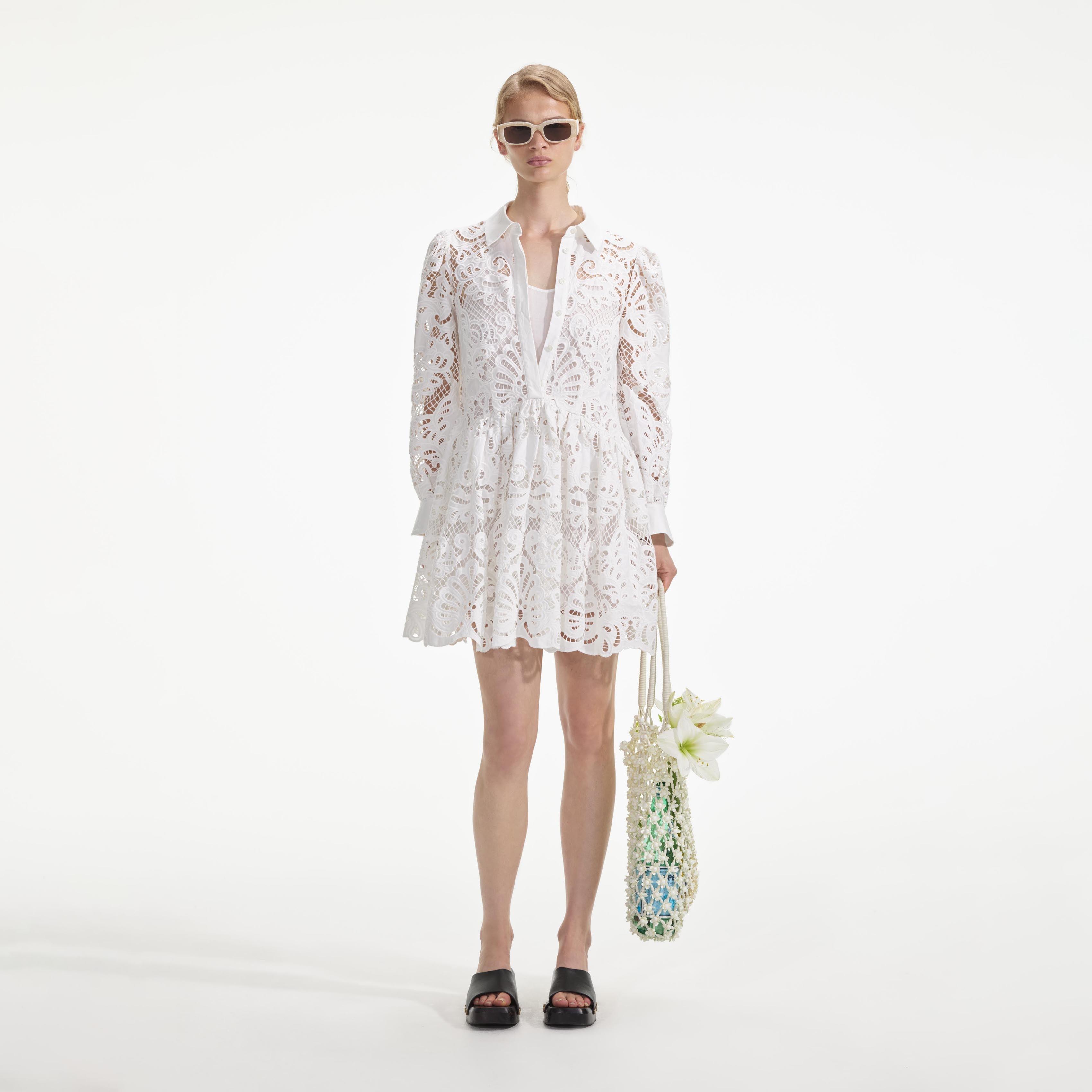 White Cotton Lace Mini Shirt Dress product image