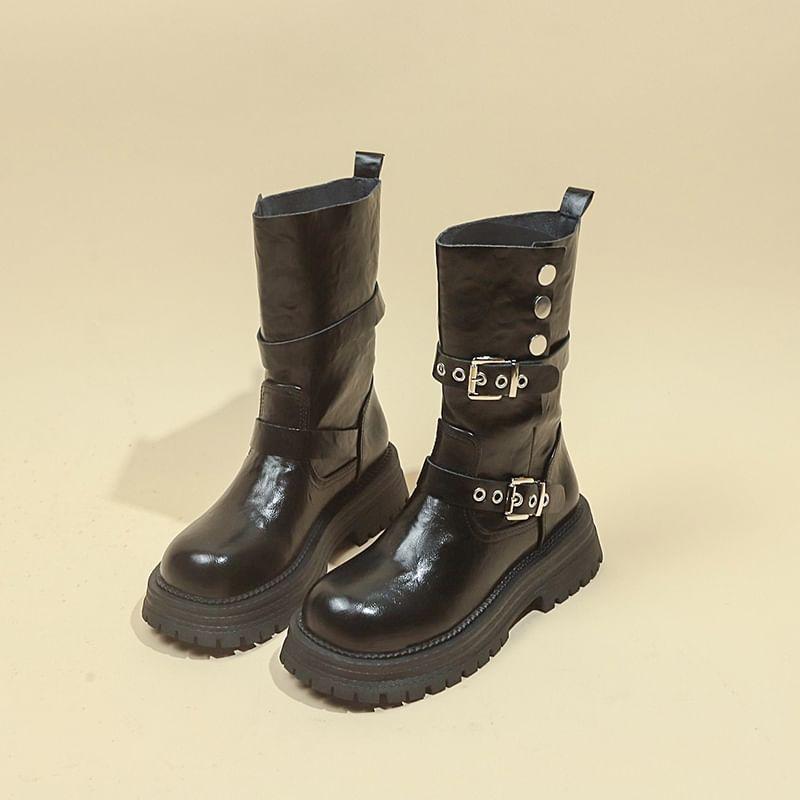 Platform Plain Buckled Mid Calf Boots Product Image