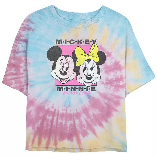 Disneys Mickey Mouse And Minnie In Love Juniors Cropped Tie Dye Graphic Tee, Womens Product Image