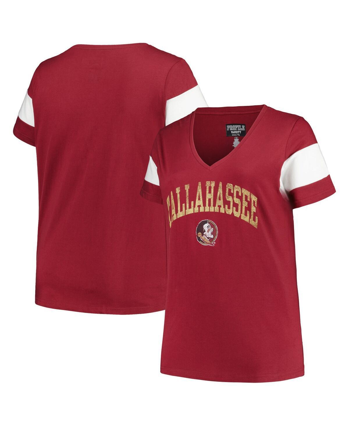 Womens Profile Heather Garnet Florida State Seminoles Plus Size Arched City Sleeve Stripe V-Neck T-Shirt Product Image