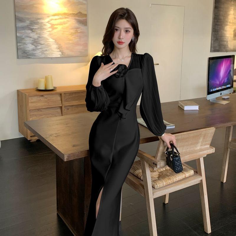 Long-Sleeve V-Neck Plain Flower Accent Slit Midi Sheath Dress Product Image