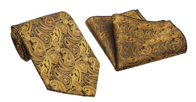 Gold Floral Pattern Men's Classic Tie and Pocket Square Set Product Image