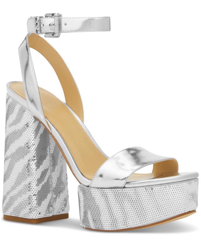 Michael Michael Kors Womens Ashton Zebra Sequin High Heel Platform Sandals - Optic White/ Product Image