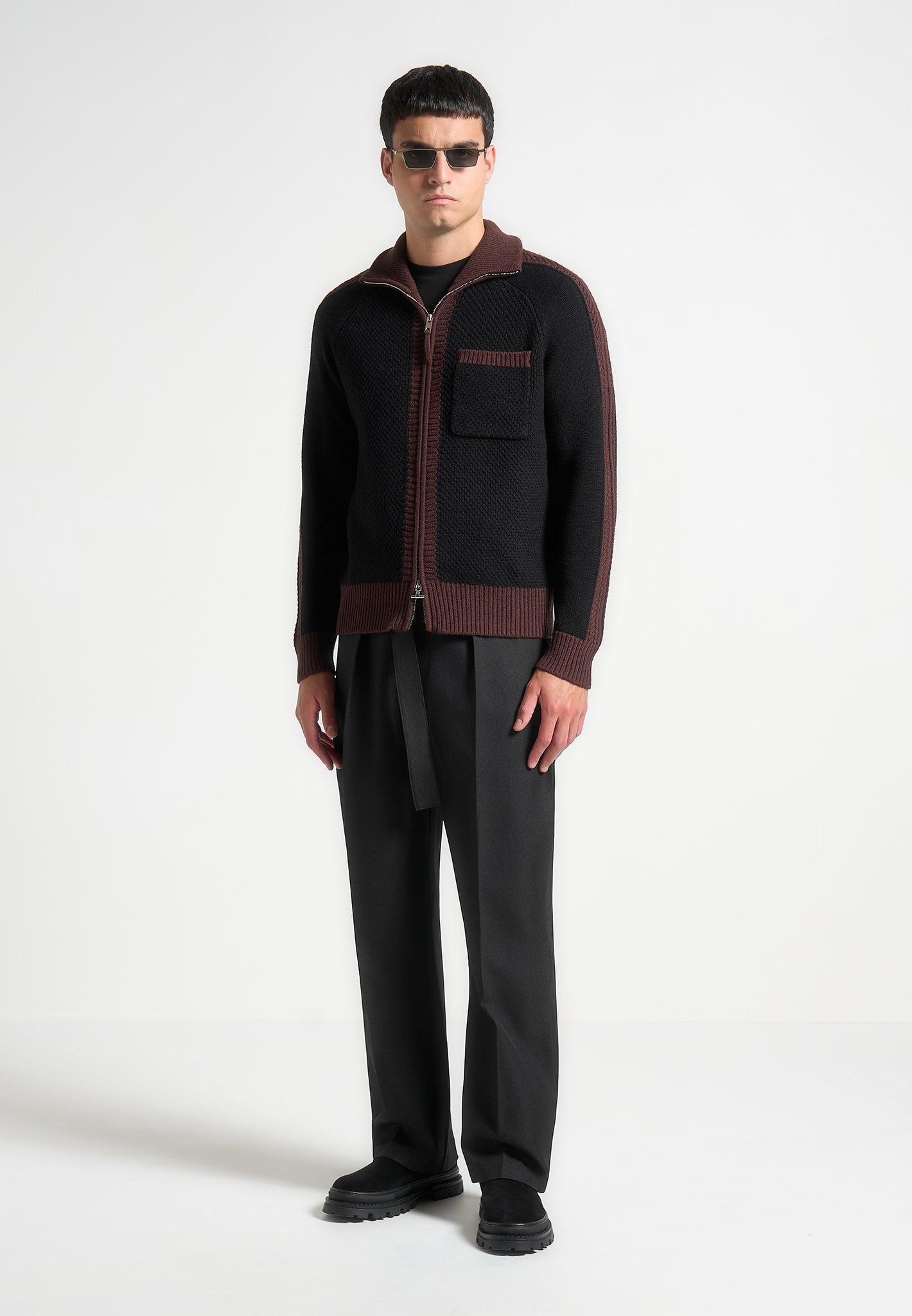 Relaxed Fit Textured Belted Tailored Trousers - Black Male Product Image