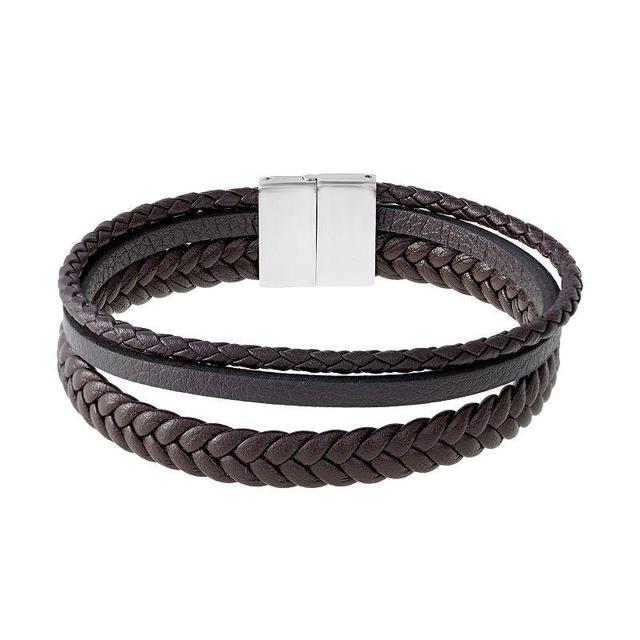 LYNX Mens Stainless Steel & Braided Brown Leather Bracelet Product Image