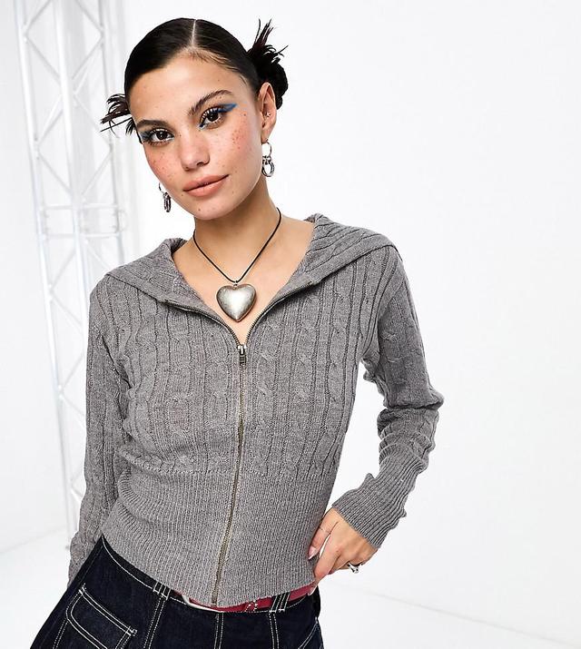 COLLUSION cable knit oversized collar zip through sweater in gray heather Product Image