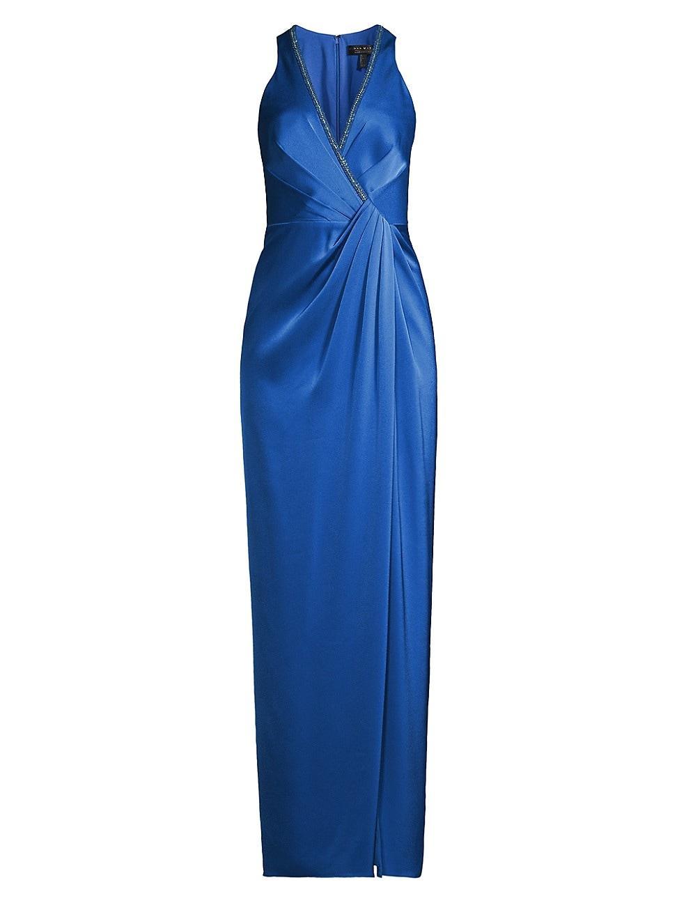 Aidan Mattox Satin V Neckline Sleeveless Draped Gown Product Image