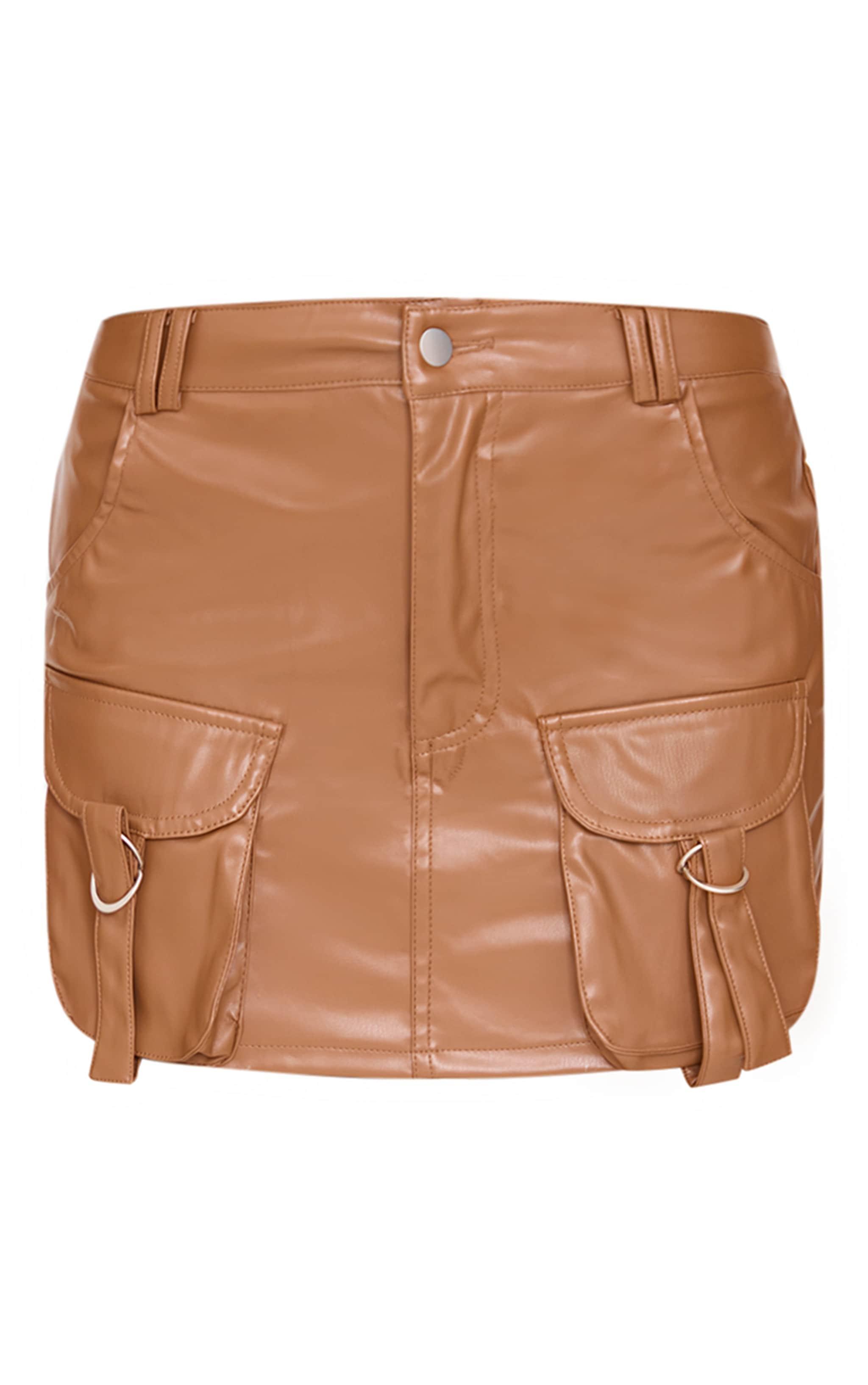 Brown Faux Leather Pocket Detail Cargo Mini Skirt Product Image