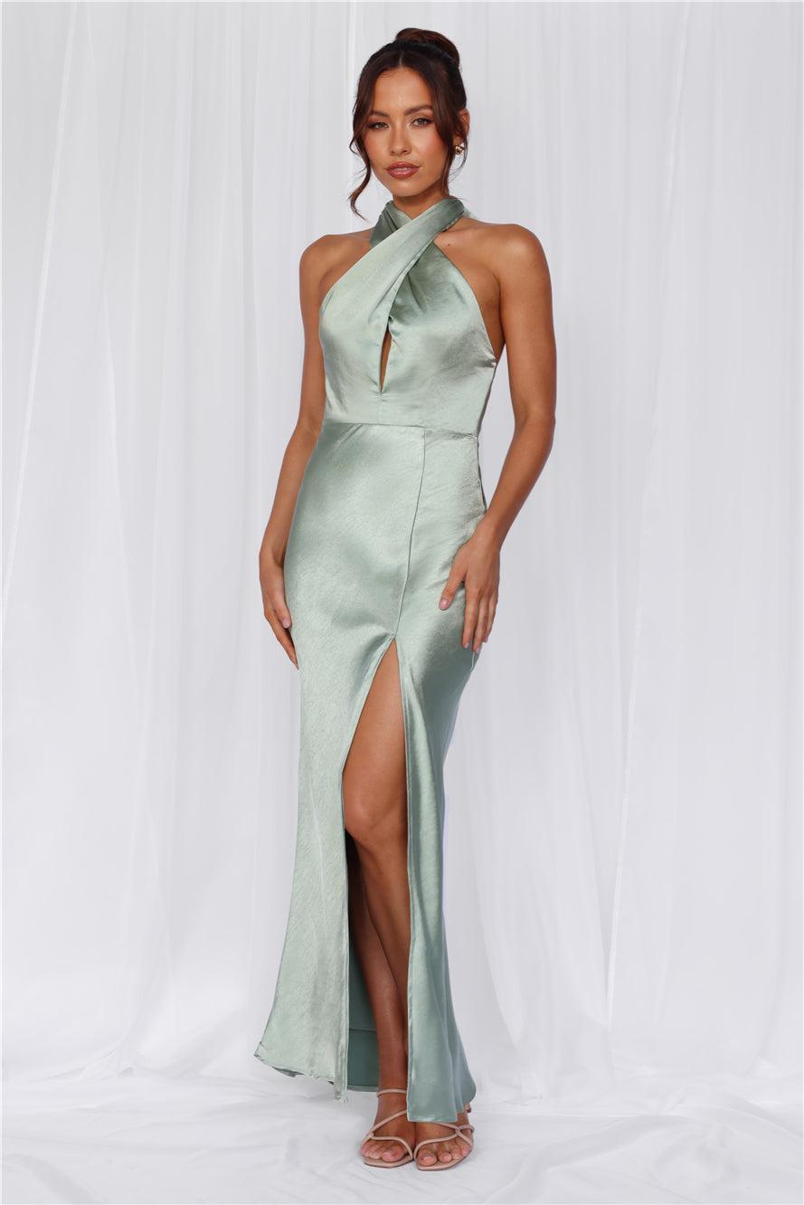 HELLO MOLLY The Adeline Halter Satin Maxi Dress Sage Product Image