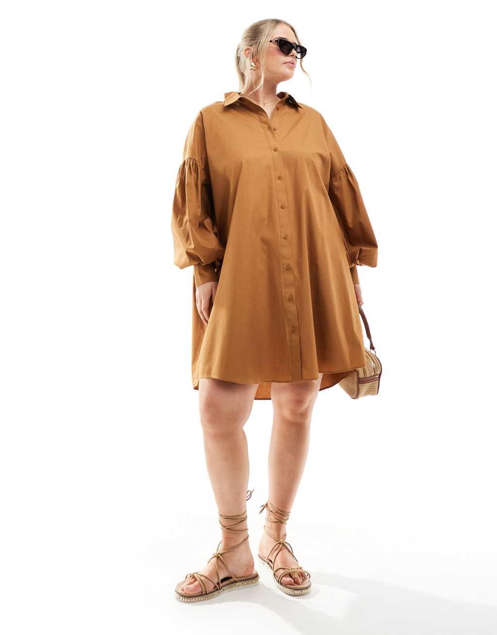 ASOS DESIGN Curve ultimate boyfriend mini shirt dress with volume sleeve in tan Product Image