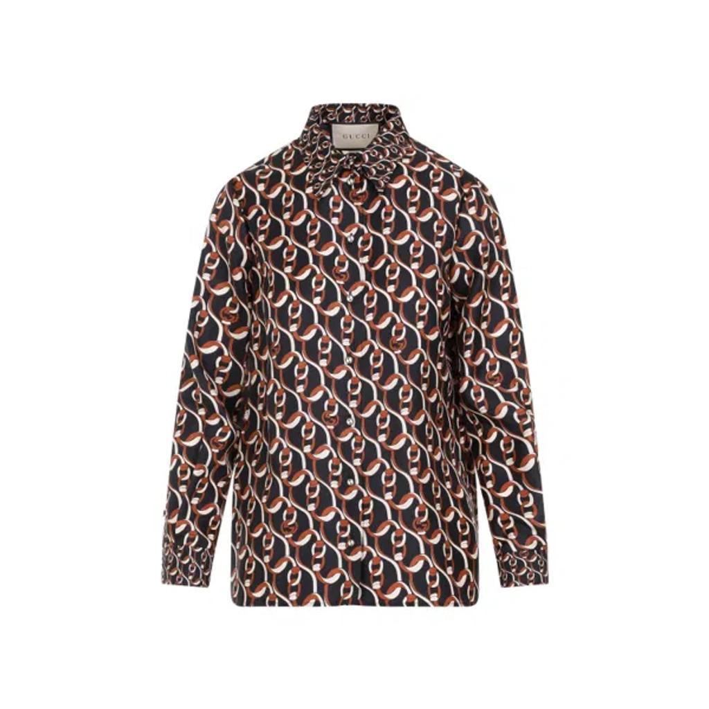 Interlocking G Chain Print Silk Shirt In Black Product Image