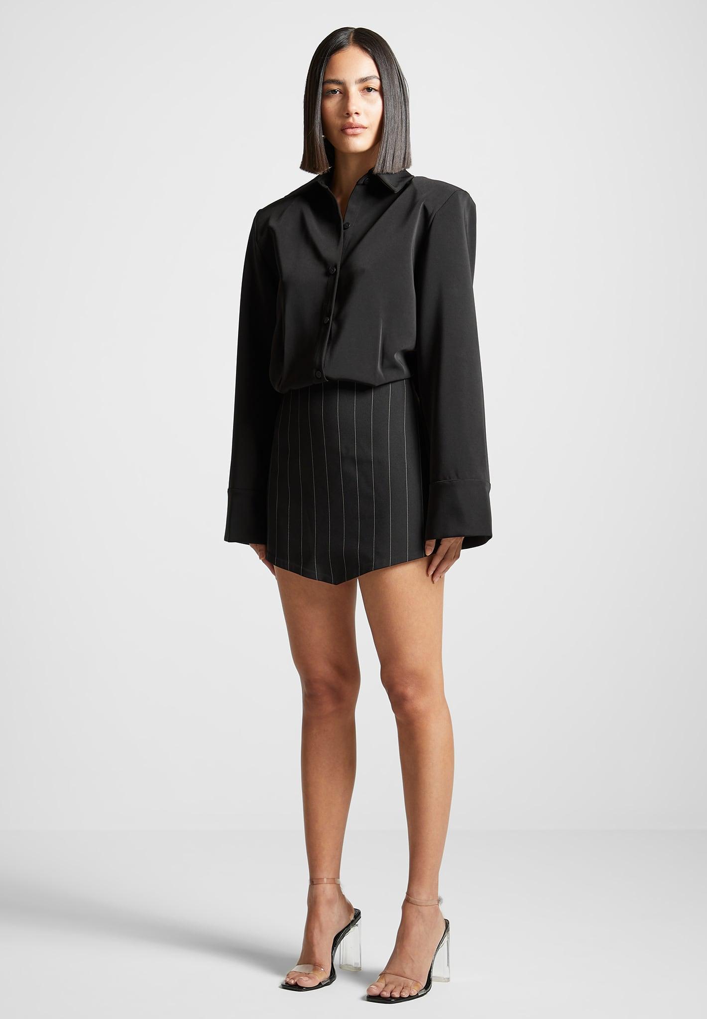 Pinstripe Skirt Shirt Dress - Black Female Product Image