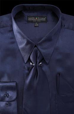 Satin Dress Shirt Regular Fit in Navy With Tie And Pocket Square Product Image