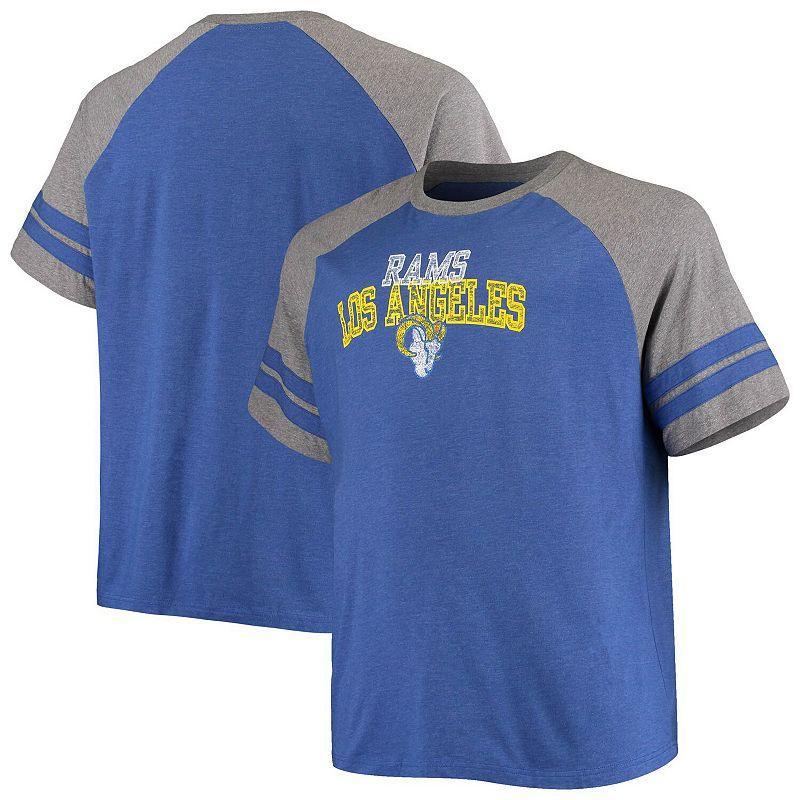 Mens Fanatics Branded Royal/Heathered Gray Los Angeles Rams Big & Tall Two-Stripe Tri-Blend Raglan T-Shirt Product Image