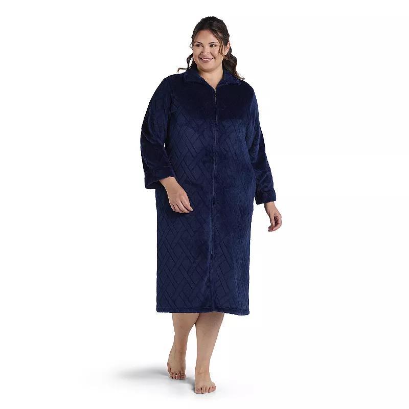 Plus Size Miss Elaine Essentials French Fleece Long Zip Robe, Womens Black Blue Product Image