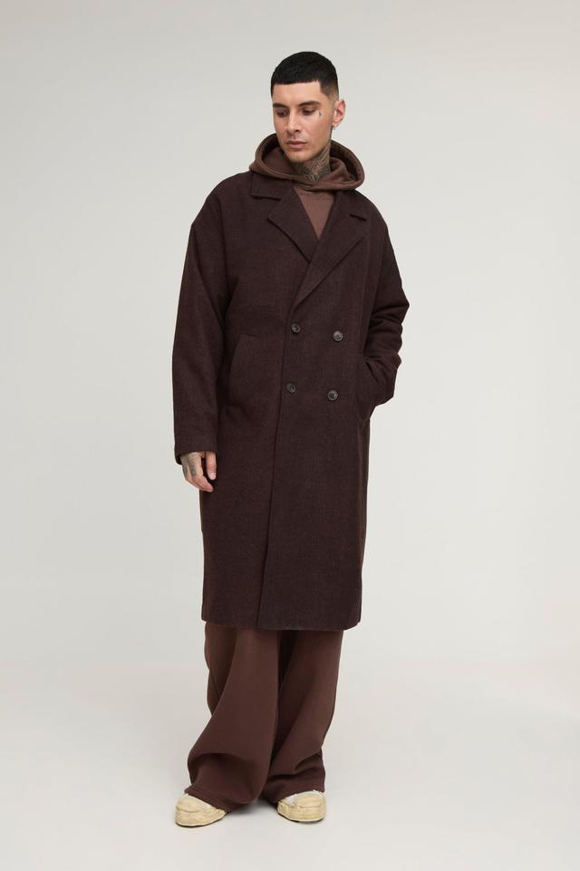 Tall Oversized Drop Shoulder Herringbone Overcoat In Brown | boohooMAN USA Product Image