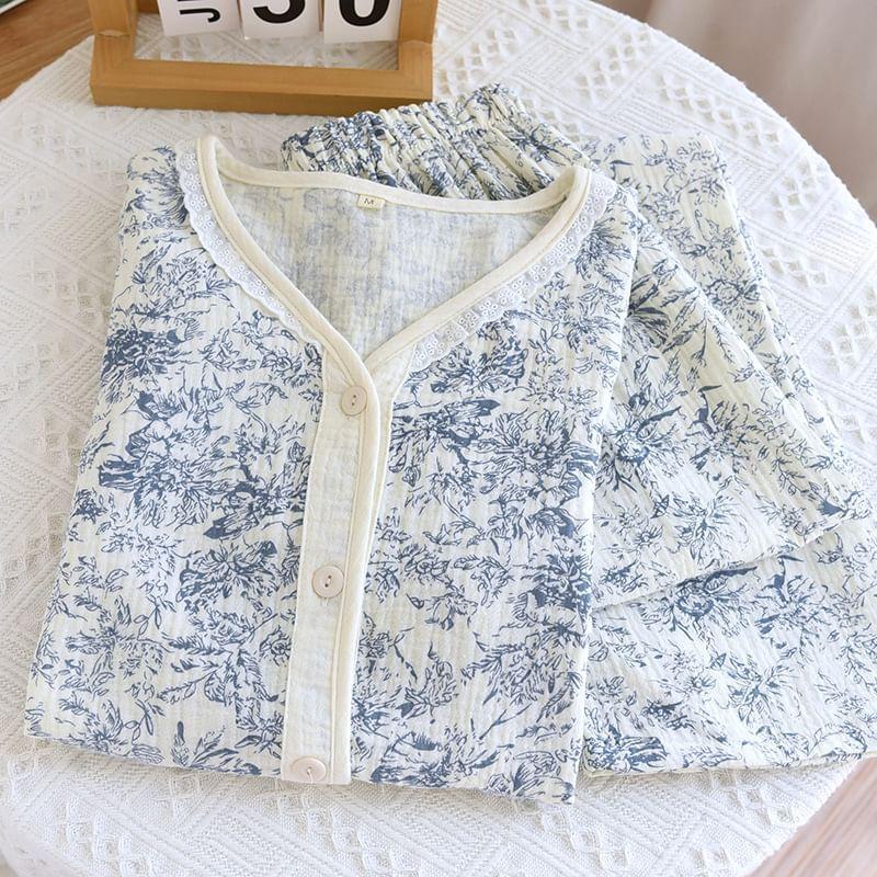 Pajama Set: Short-Sleeve V-Neck Floral Lace Trim Shirt + Pants Product Image