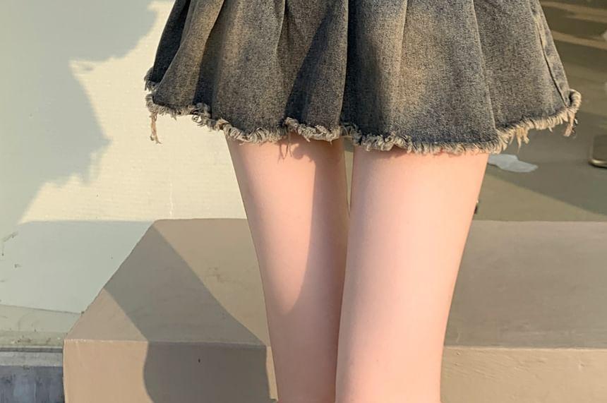 High Rise Washed Tassel Trim Pleated Mini A-Line Denim Skirt Product Image