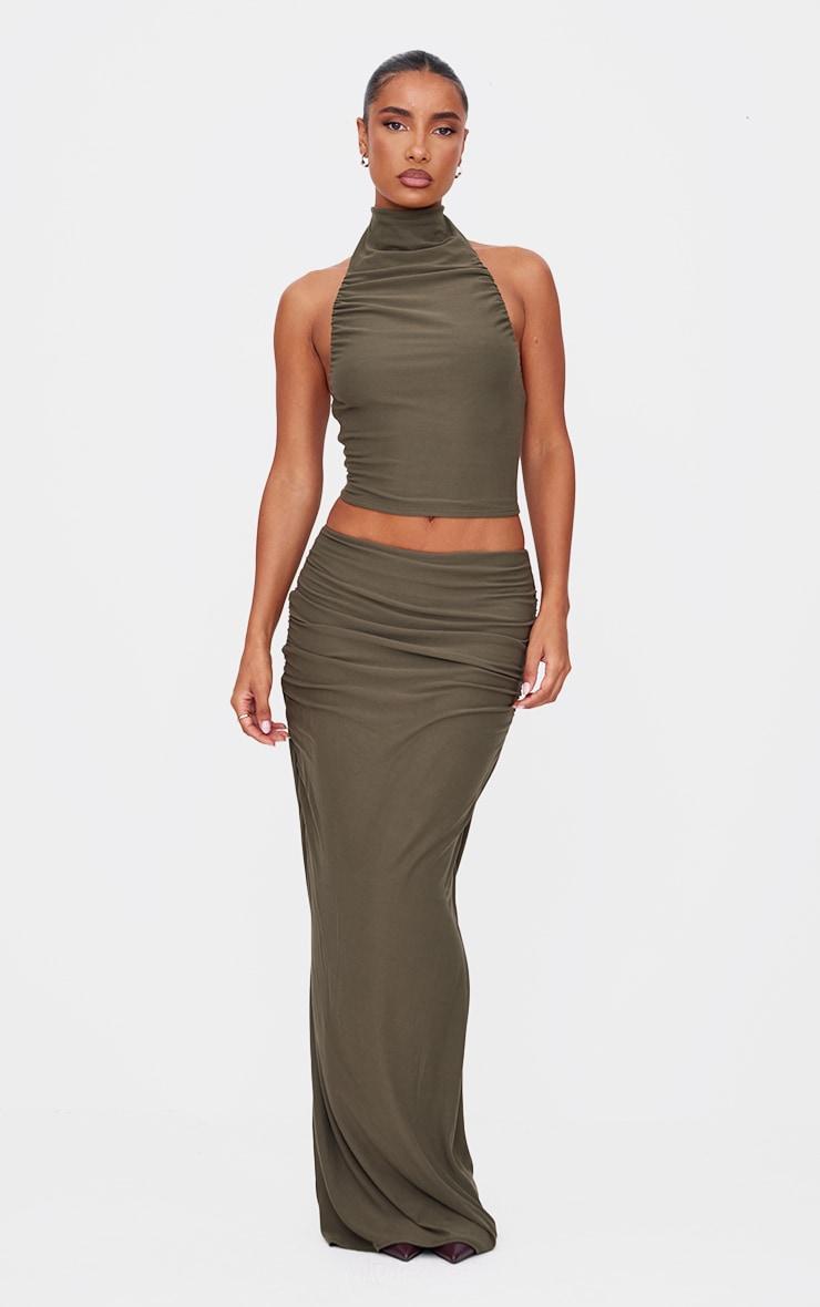 Khaki Soft Touch Ruched Maxi Skirt Product Image