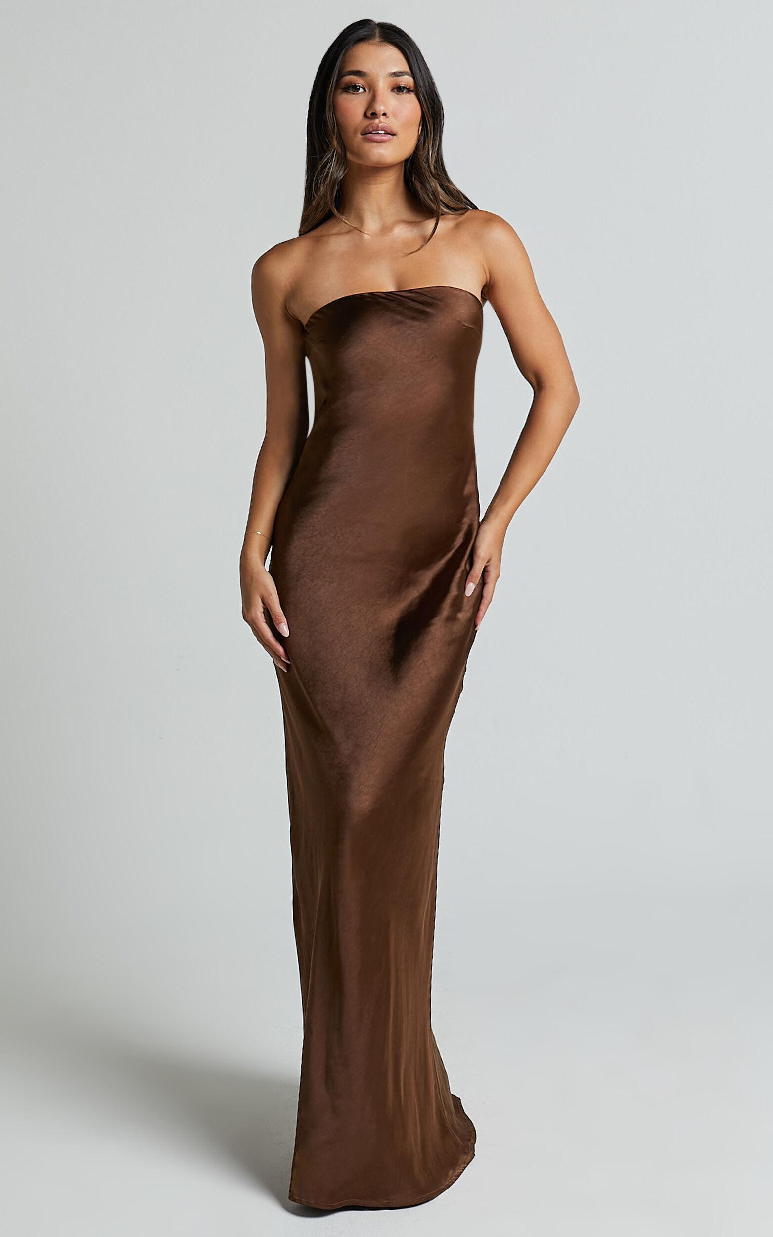 Charlita Maxi Dress - Strapless Cowl Back Satin Dress in Chocolate Product Image