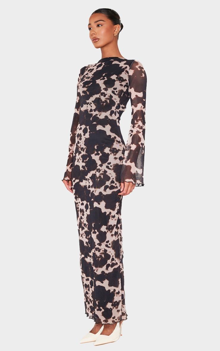 Brown Abstract Print Mesh Long Sleeve Maxi Dress Product Image