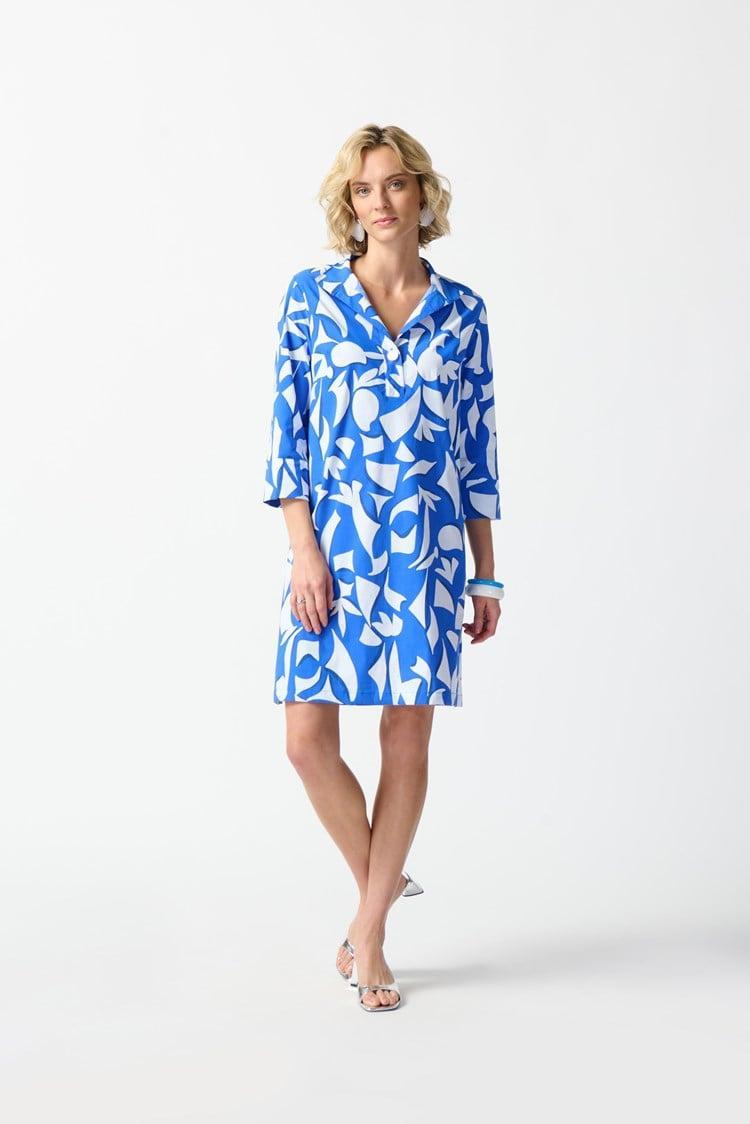 Woven Abstract Print Trapeze Dress- Blue/ Vanilla Product Image