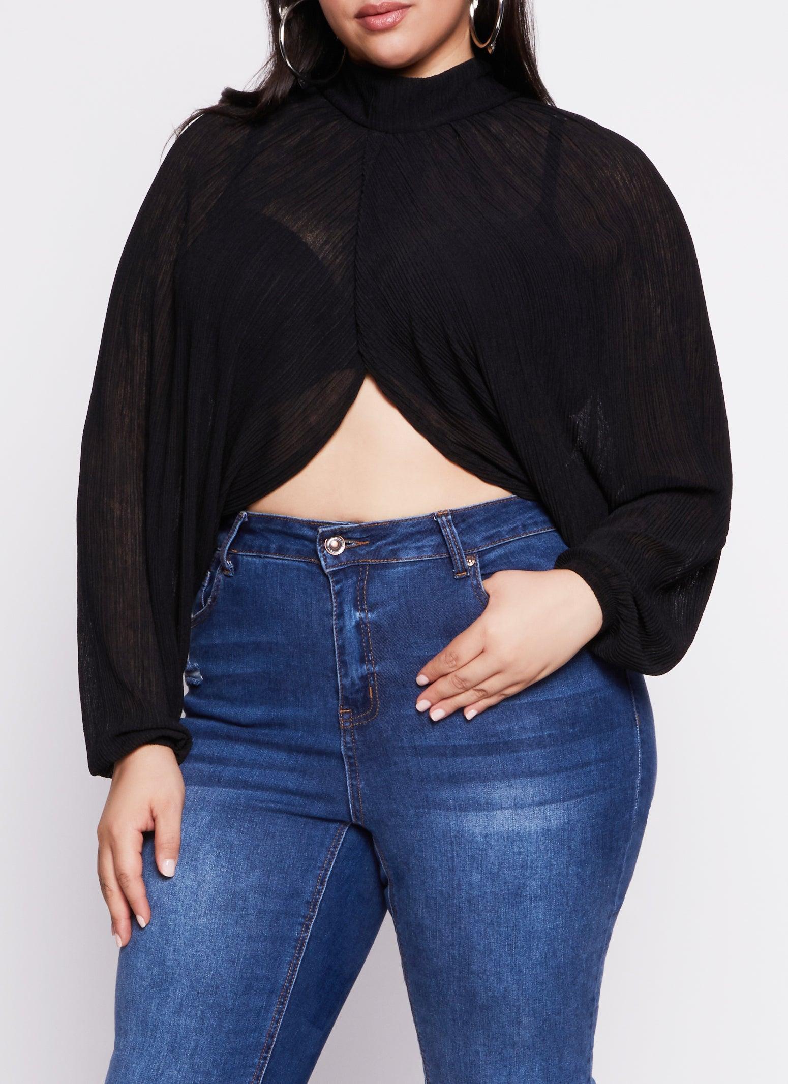 Womens Plus Size Chiffon Mock Neck Long Sleeve Crop Top product image