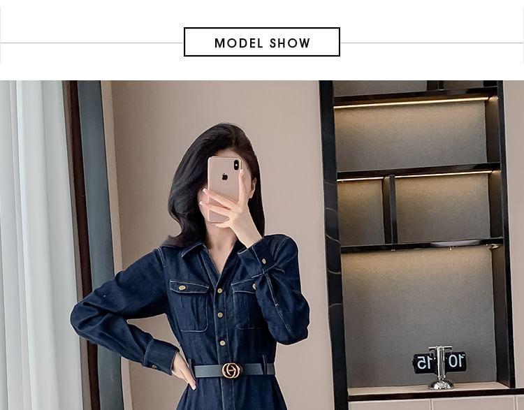 Long-Sleeve Denim Midi A-Line Shirt Dress Product Image