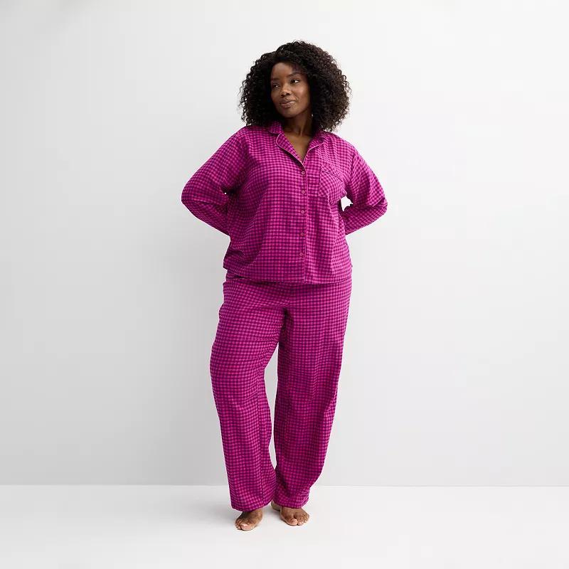 Plus Size Sonoma Goods For Life Flannel Notch Pajama Top & Pajama Bottoms Set, Womens Blue Gingham Product Image