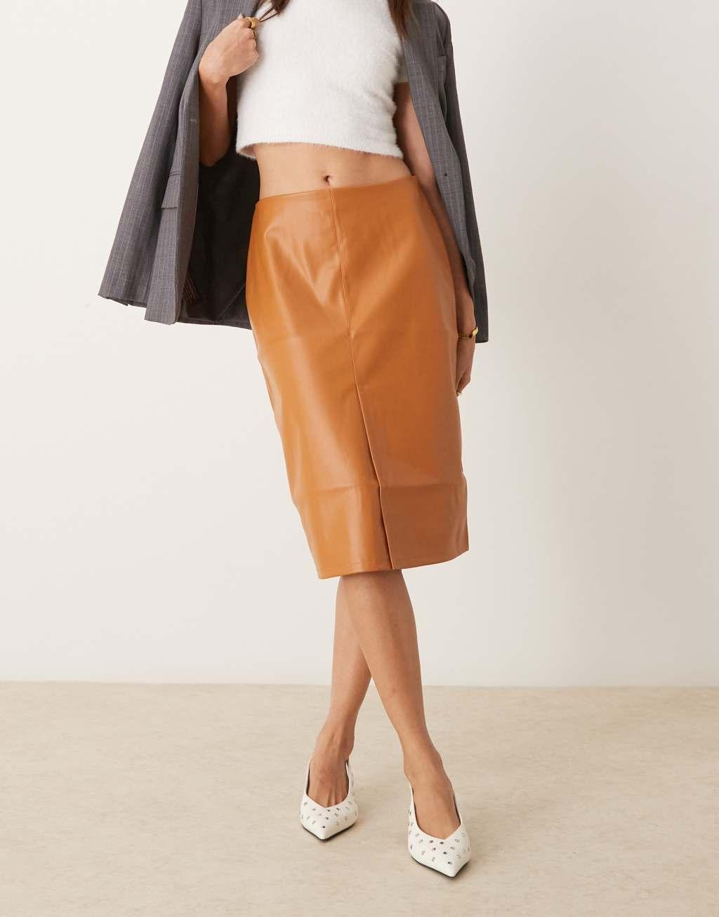 ASOS DESIGN faux leather split front midi skirt in tan Product Image