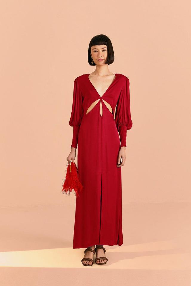 Red Cut Out Long Sleeve Lenzing Ecovero Viscose Maxi Dress, RED / M Product Image