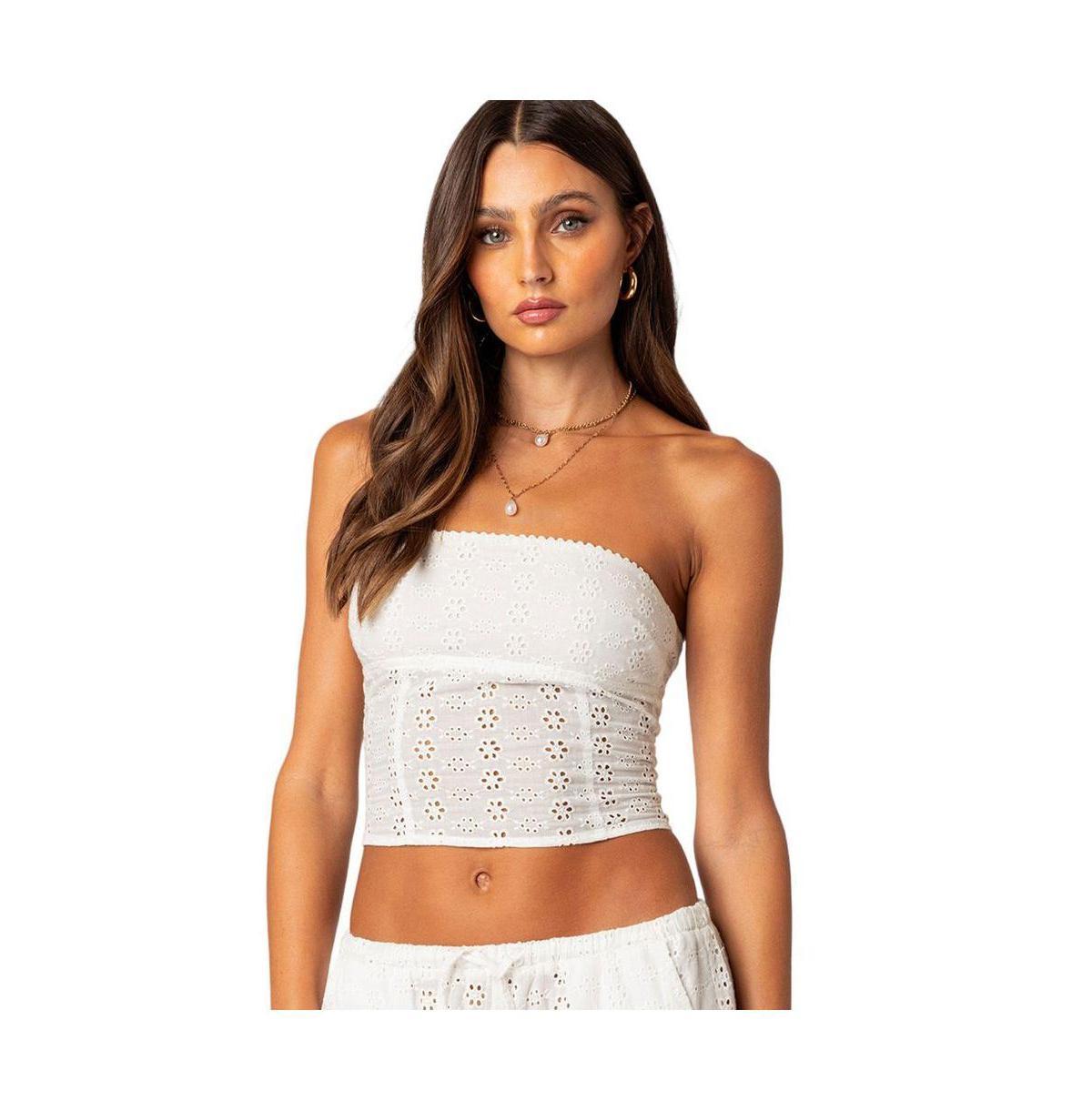 EDIKTED Lemon Eyelet Lace-Up Corset Crop Tube Top Product Image