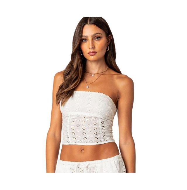 EDIKTED Lemon Eyelet Lace-Up Corset Crop Tube Top Product Image