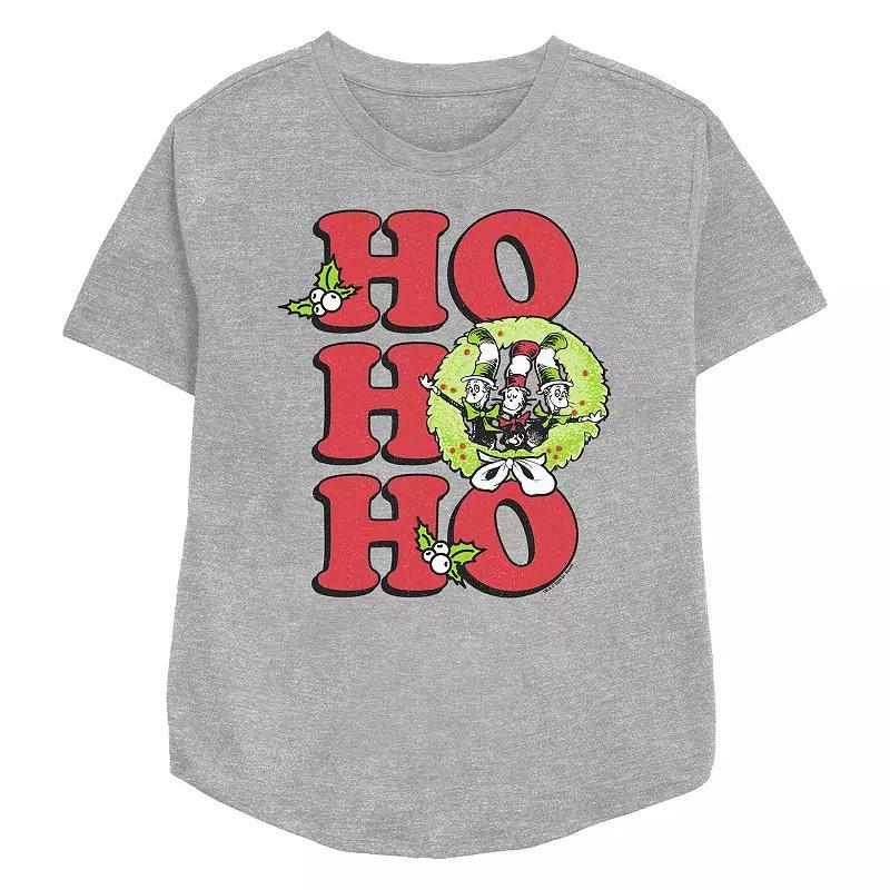 Womens Dr. Seuss The Cat In The Hat Christmas Wreath Ho Ho Ho Relaxed Fit Graphic Tee Athletic Grey Product Image