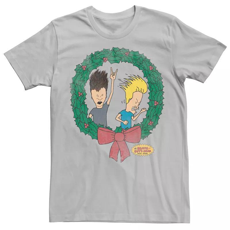 Mens Beavis And Butthead Christmas Wreath Tee Grey Product Image