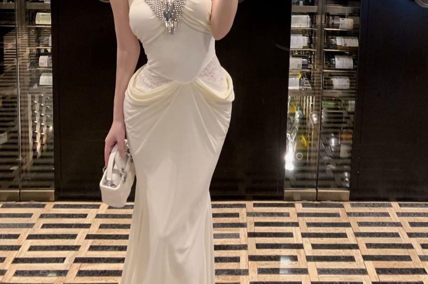 Halter-Neck Rhinestone Shirred Midi Mermaid Dress Product Image