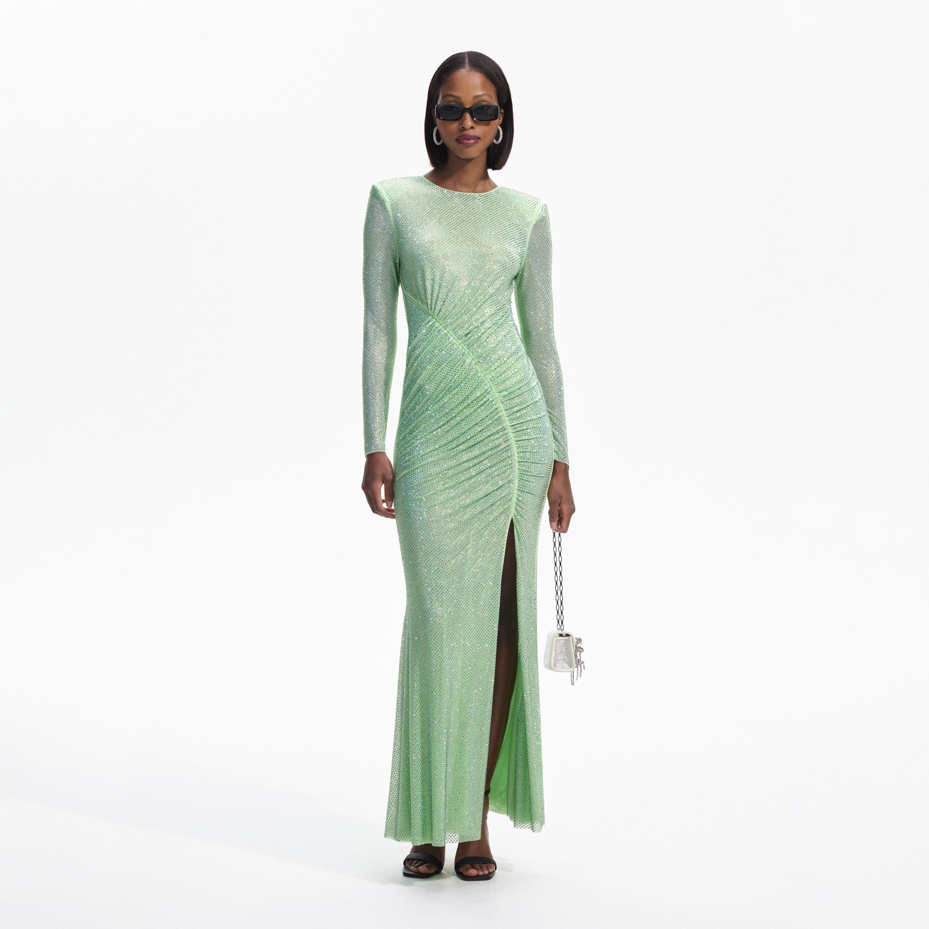 Green Rhinestone Mesh Maxi Dress Product Image