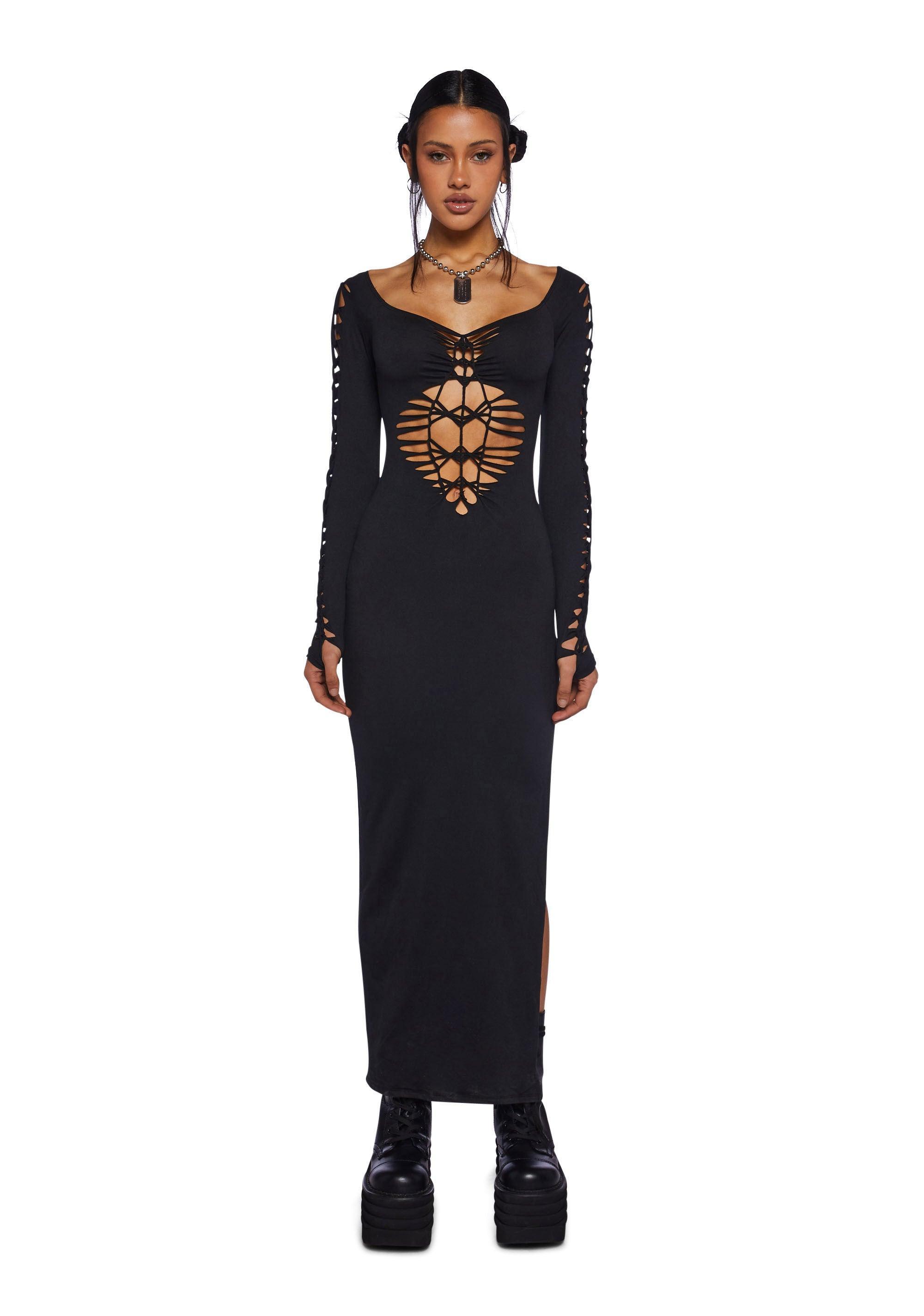 Shredded Long Sleeve Cut Out Maxi Dress Special Occasion - Black product image