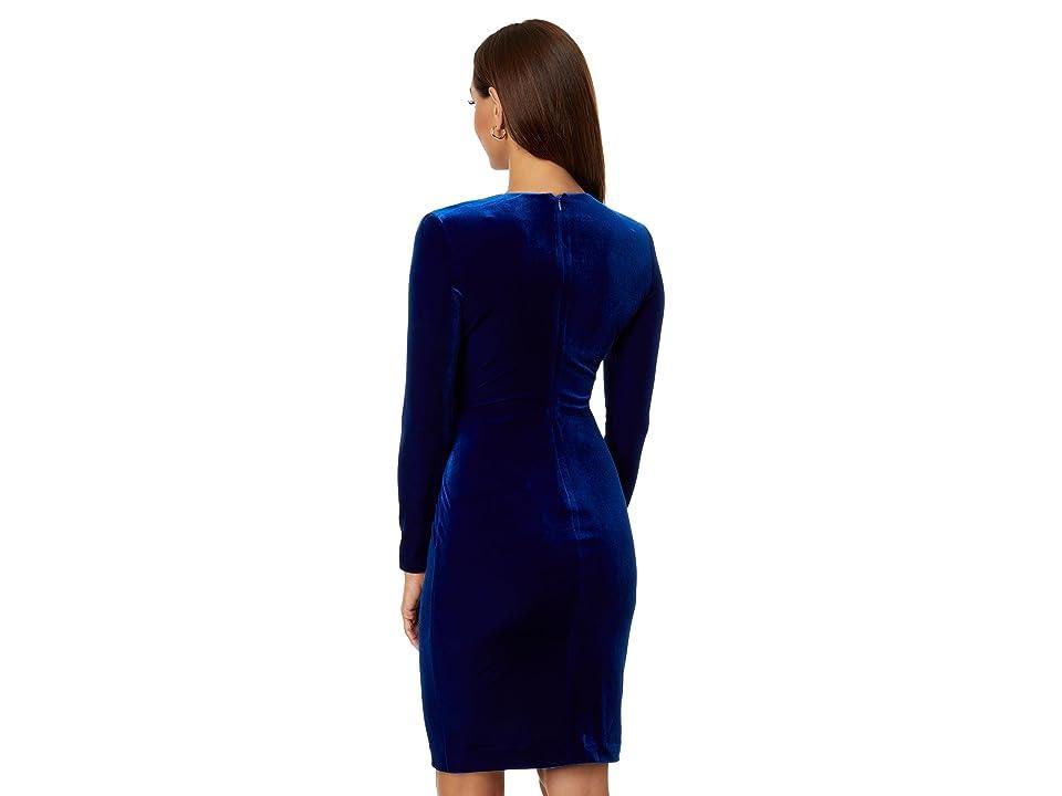 Calvin Klein Velvet V-Neck Dress with Gold V-Bar and Side Ruching (Sapphire) Women's Dress Product Image