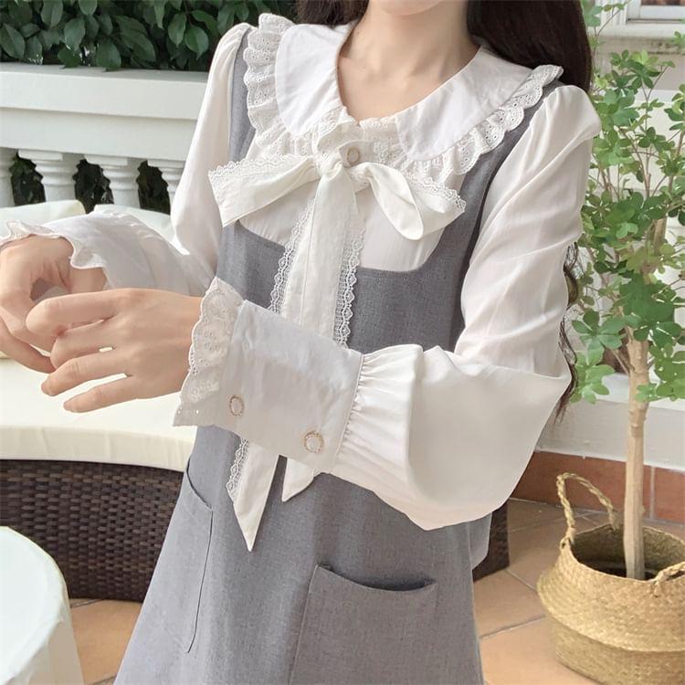 Mock Two-Piece Long-Sleeve Collar Two Tone Bow A-Line Dress Product Image