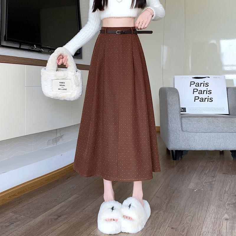 High Waist Dotted A-Line Midi Skirt Product Image