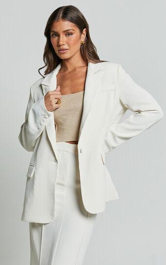 Michelle Blazer - Oversized Plunge Neck Button Up Blazer in Stone Product Image