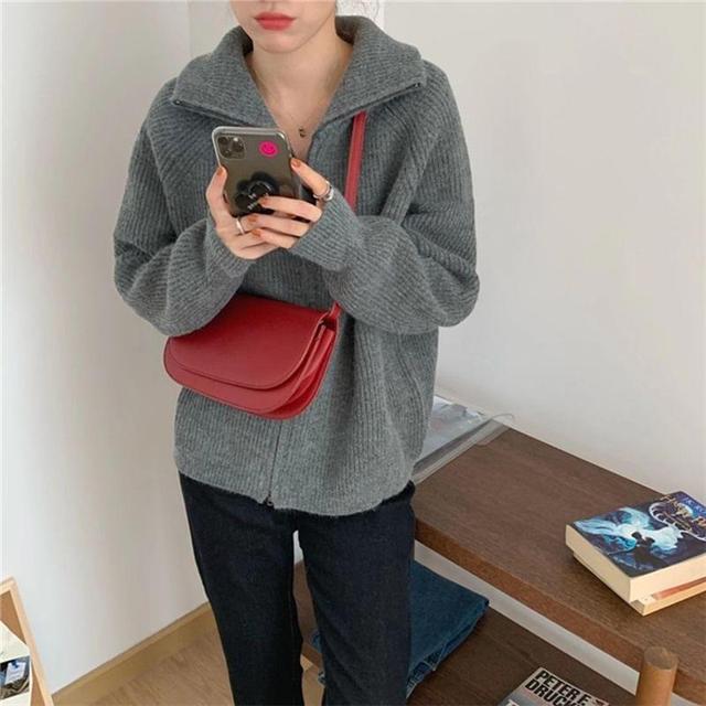 Plain Ribbed Zip Cardigan Product Image