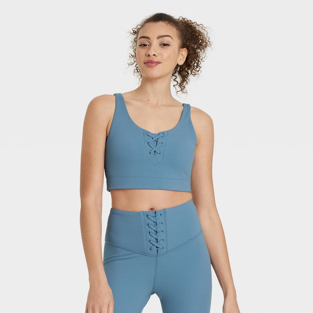 Womens Lace-Up Detail Ribbed Bra - JoyLab Blue Product Image