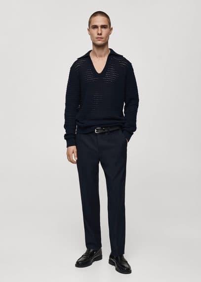 MANGO MAN - Openwork knit polo neck sweater dark navyMen Product Image