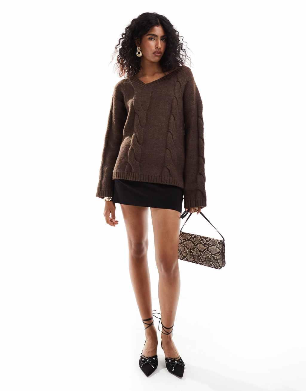 SNDYS premium asymmetric v neck cable knit sweater in mocha Product Image