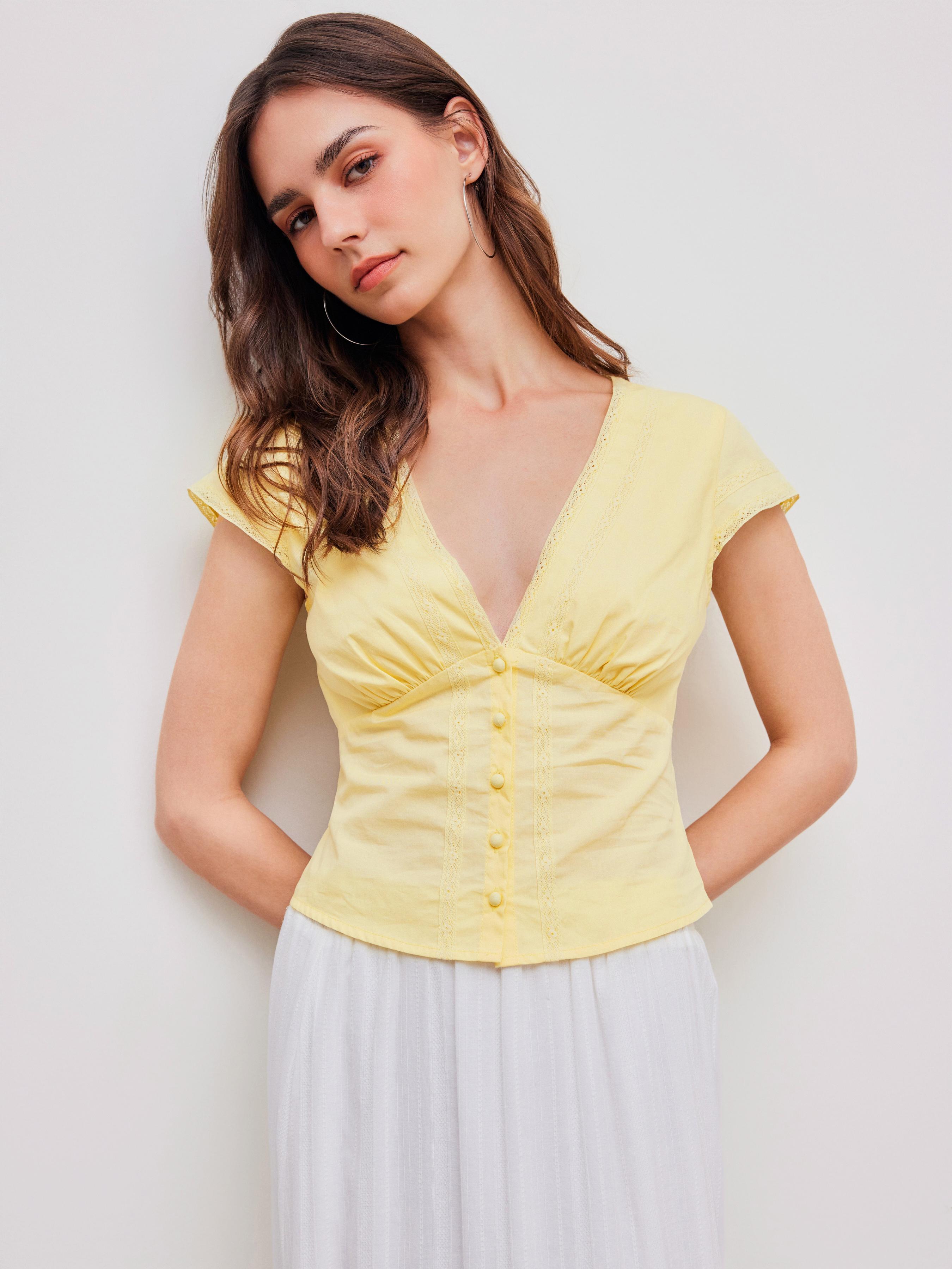 V-neck Solid Button Short Sleeve Blouse product image